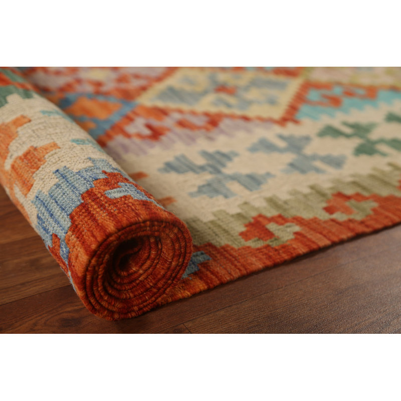Tapis bleu / orange / crème en laine noué à la main de conception unique 6 pi 8 po x 9 pi 7 po New Age