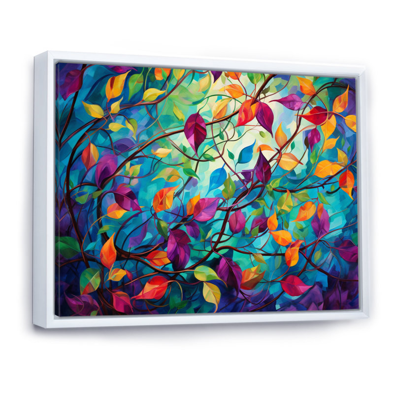Multicolor Vibrant Vines I - Abstract Botanicals, art mural, H 12 po x l 20 po x P 1 po, Cadre flottant blanc