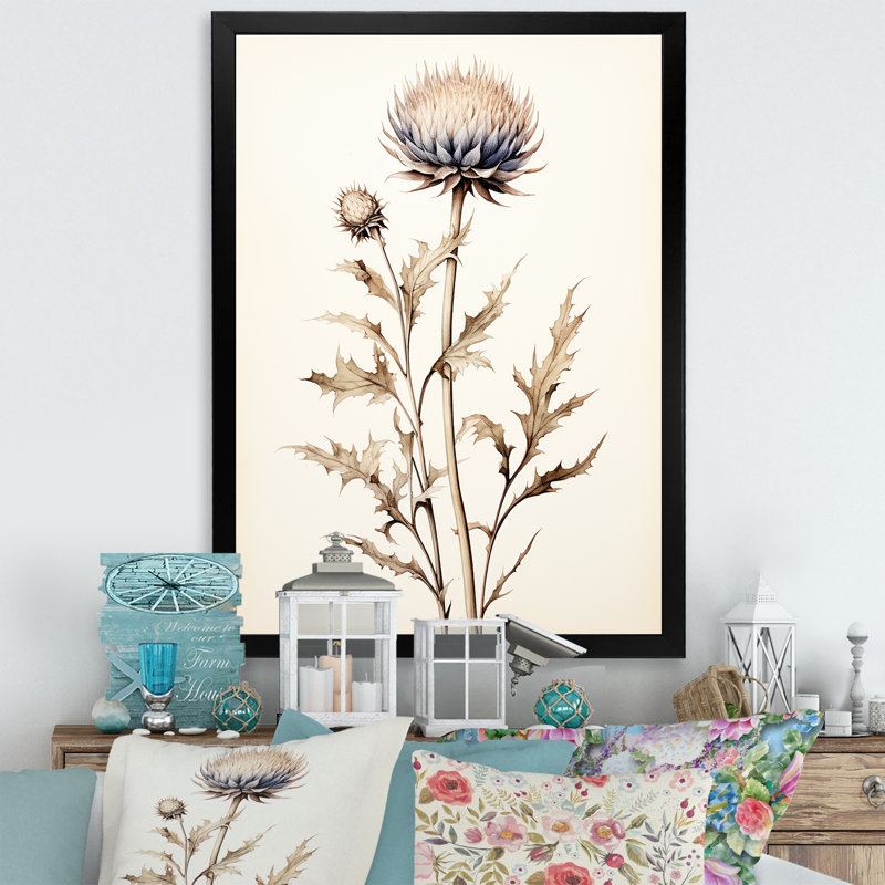 " Beige Thistle Flower Stillness I ", Black Single Picture Framed, 20" H x 12" W