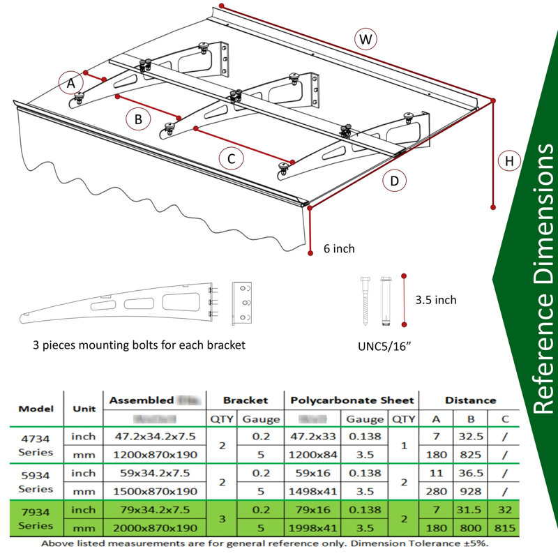Door Window Awning Canopy 79"x34" - Polycarbonate Sheet & Aluminum Bracket Rust-, For Concrete Wall House Roof With Protection Strong Brackets Mounted