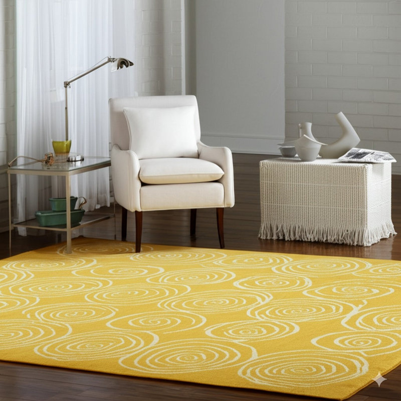 9x12 Yellow Flat Weave Wool Golden Rose Swirl Vintage Mid Century Modern Contemporary Carpet Rug
