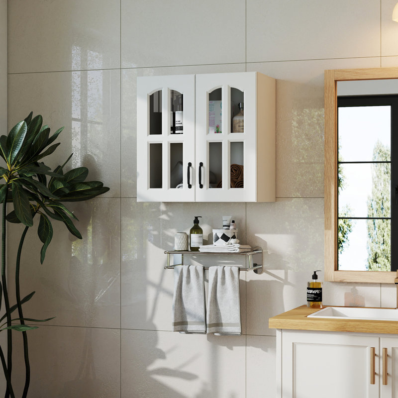 Wall Mounted Display Cabinet with Glass Door & Fixed Shelves - Floating Storage for Kitchen, Bathroom, Living Room - Space Saving Melamine Finish Wall Cabinet