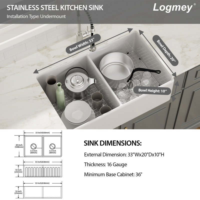 33" L x 20" W Farmhouse Kitchen Sink Double Bowl 50/50 White Ceramic Kitchen Sink Apron Front Sink
