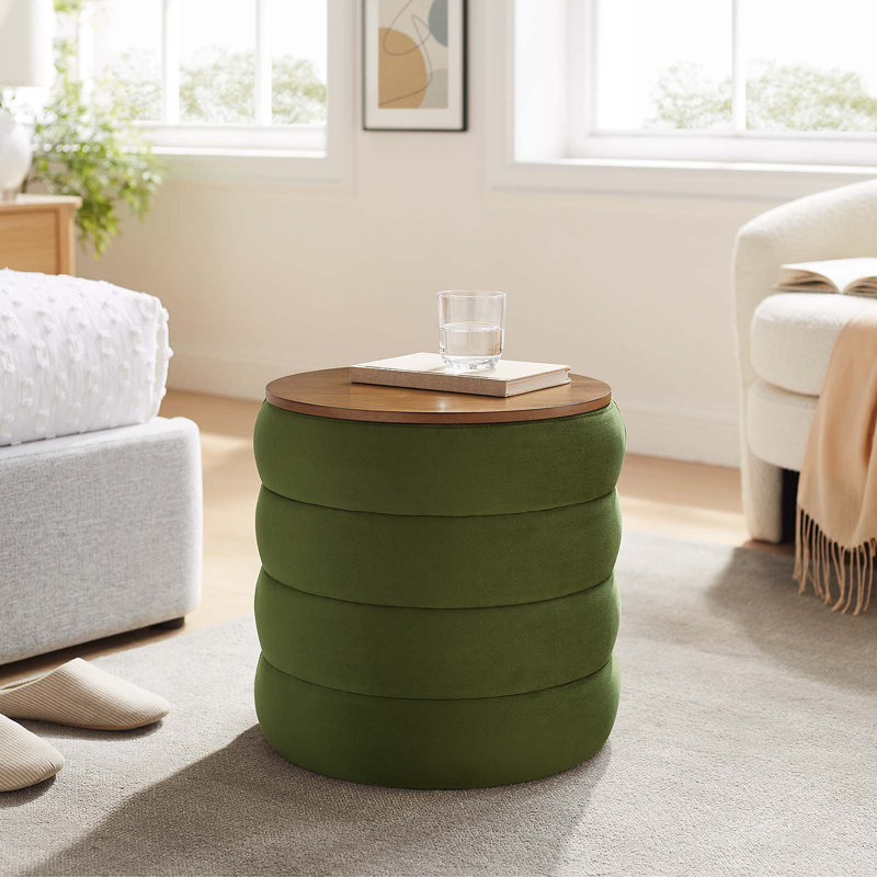 Modway Mezzo 17.3" Wide Velvet Round Storage Ottoman, Moss Green Performance Velvet