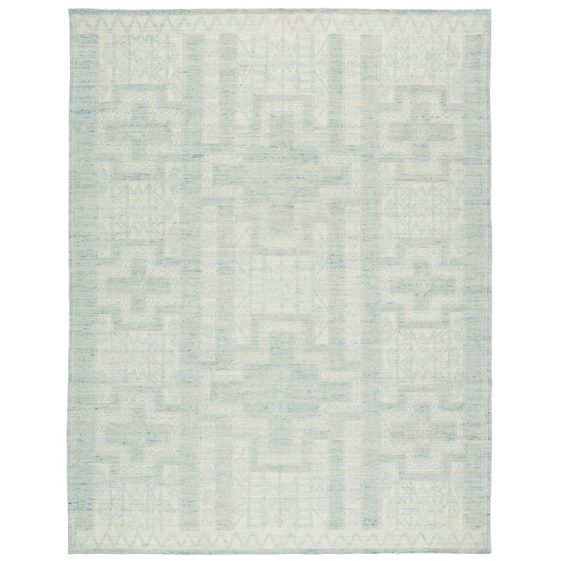 Cirus Hand Knotted Geometric Blue/ Ivory Area Rug (6''X9''), Light Blue/Ivory, Rectangle 9' x 12'