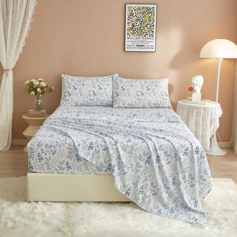 Ensemble de draps Zeta Boho, Bleu, Ensemble de draps pour lit simple avec 1 taie d'or