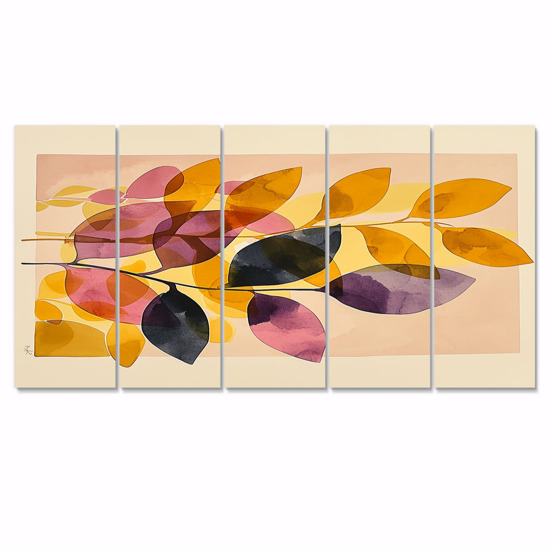 Feuilles rétro mauve jaune - art mural botanique 5 pièces, H 32 po x l 80 po