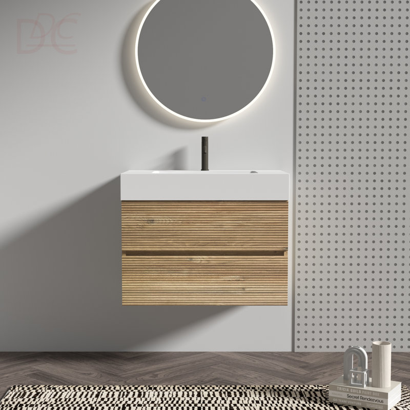 Meuble-lavabo 30 en chêne brut + chêne brut avec lavabo en quartz blanc et tiroirs souples, meuble-lavabo mural flottant pour salle de bain moderne, sans drain ni robinet