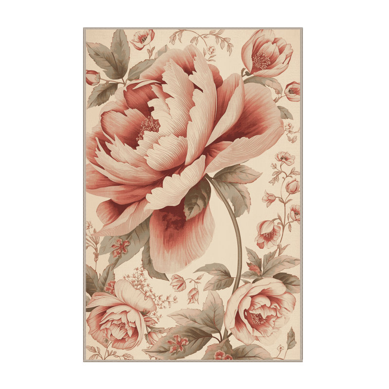 Machine Washable Ottwell Peony French Country Floral Rug in Beige – Beige Binding, 5x7