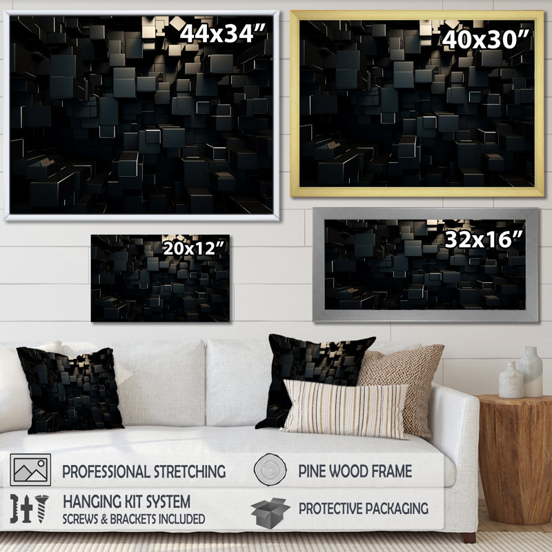 Dimensions du cube 3D en brique noire - Décoration murale géométrique abstraite, H 30 po x l 40 po x P 1,5 po