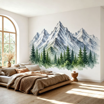 Papier peint auto-adhésif Paysage paysage montagne enneigée pics falaises forêt de conifères pin Papier autocollant amovible pour décoration de salon Chambre à coucher H 69 po x l 96 po