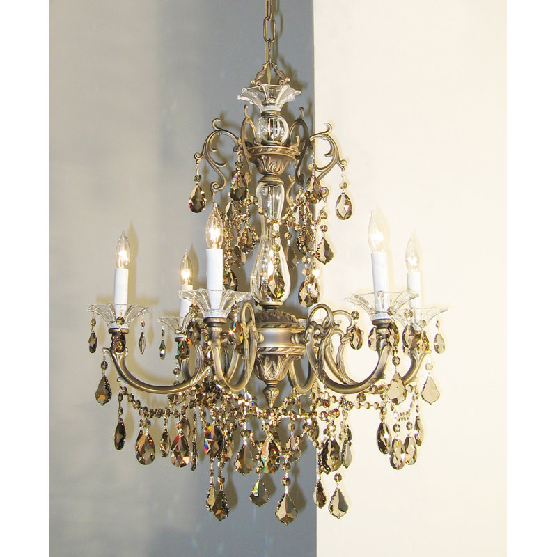 Lustree 6 lumières façon bougie/classique Fabry, Teck doré Crystalique, Perle ébène