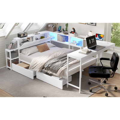 Structure de lit d'angle simple avec bibliothèque et 2 tiroirs de rangement sous le lit, lit moderne avec lumière DEL et station de charge, interchangeable gauche et droite, blanc