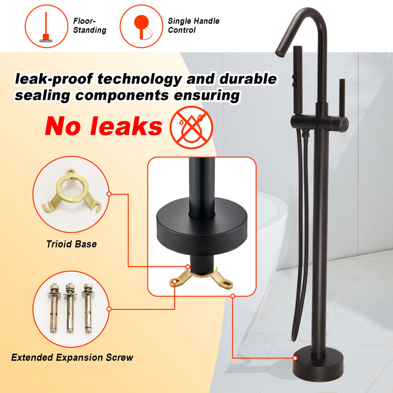 Single Handle Floor Mounted Freestanding Tub Filler with Brass Two-Function Handshower and Diverter, Matte Black