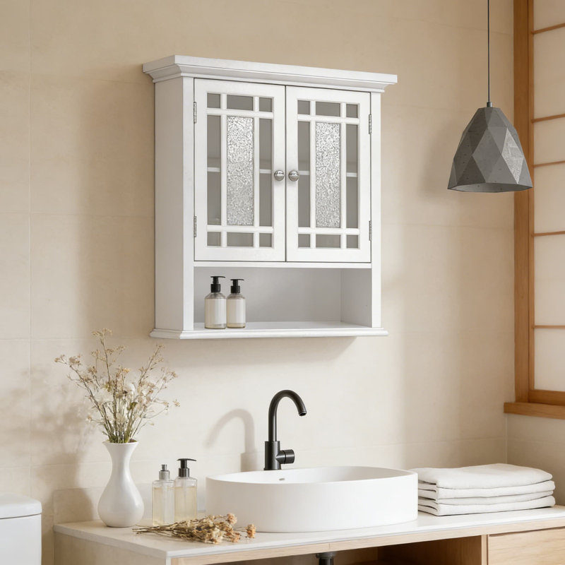 Armoire murale en bois d'ingénierie avec portes en mosaïque en verre, tablette réglable et quincaillerie chromée pour une solution de rangement moderne