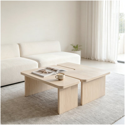 Modular Travertine Coffee Table Set of 2, Nesting L-Shaped Puzzle Center Table, Separable Side Corner Table for Apartment Small Spaces & Living Room,Cream Beige