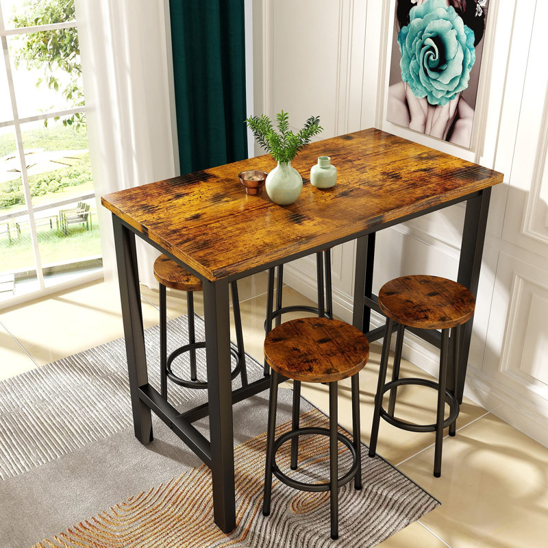 5-Piece Rustic Bar Table Set With 4 Stools - Space-Saving Kitchen Pub Table For Breakfast Nook, Apartment, Bar