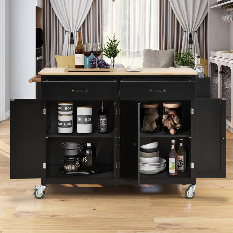 54.3 Inch Width Kitchen Island Cart with Cabinet and Drawers, 2 Locking Wheels, Adjustable Shelves, Black