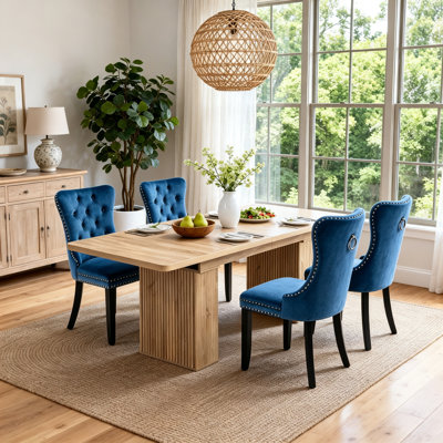 Ensemble de salle à manger extensible de style ferme 5 pièces avec 4 chaises rembourrées, table de cuisine en bois de 160 à 200 cm avec piètement cannelé, ensemble table et chaises gain de place.