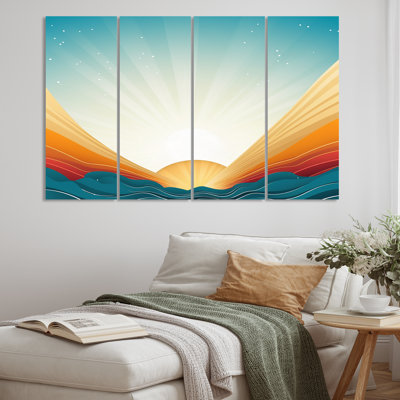 «Bold Graphic Sunset» en bleu sarcelle et orange sur toile, reproduction de 4 pièces