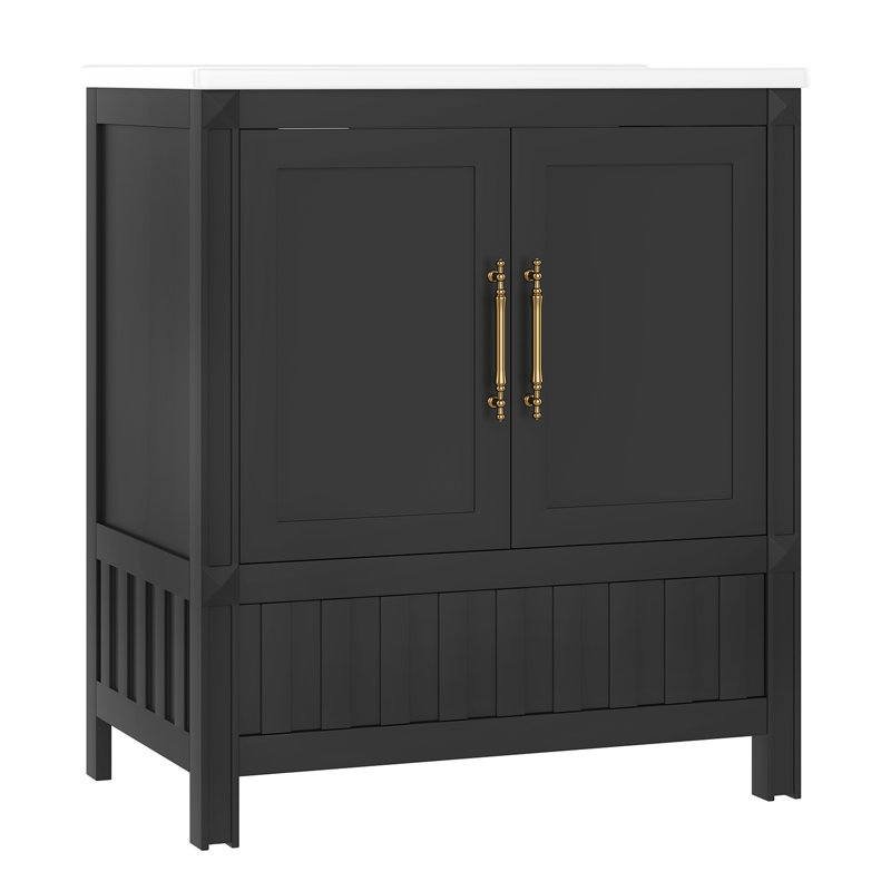 Meuble-lavabo de 30 po avec lavabo, tablettes de rangement et tiroirs, Noir