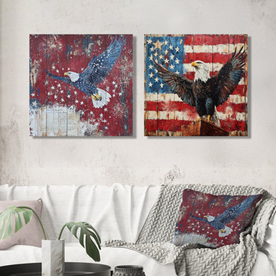 Patriotisme, aigle et drapeau des États-Unis, paysage II - décoration murale animal d'aigle - art mural moderne 2 pièces