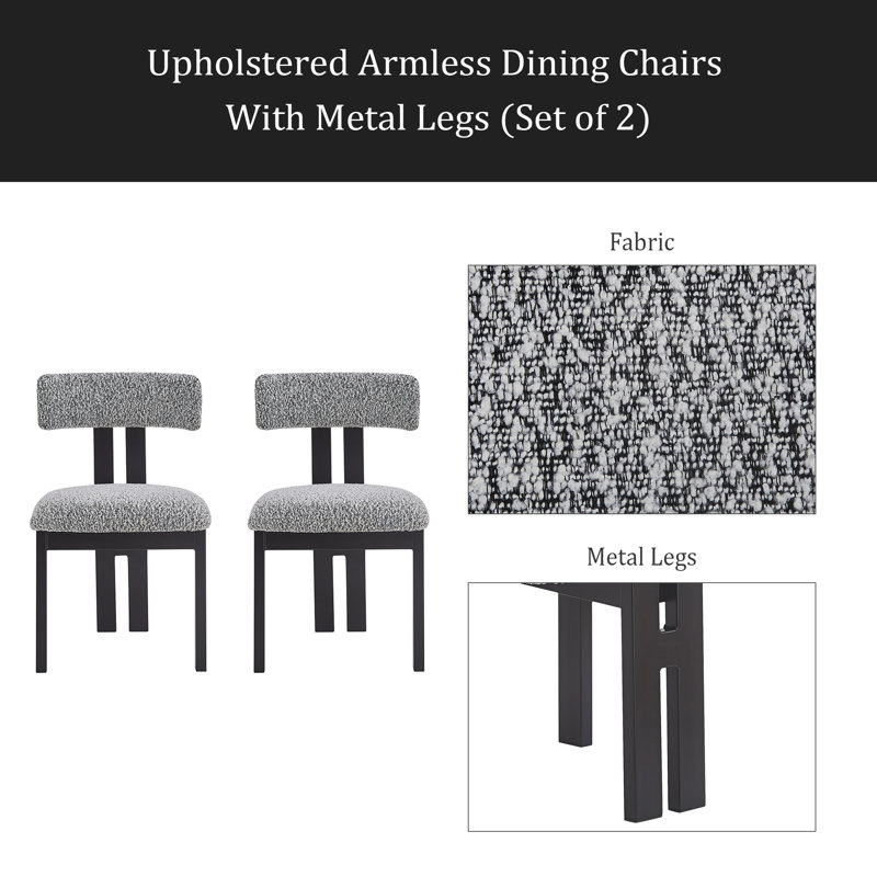 Chaises de salle à manger rembourrées sans accoudoirs avec pieds en métal (ensemble de 2), Gris, Noir