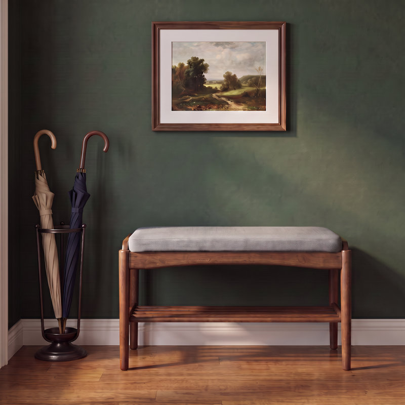 Solid Oak Upholstered Shoe Bench, 31.5"W, American Walnut & Gray