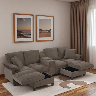 Canapé modulaire moderne en forme de U avec porte-gobelets, ports USB et repose-pieds avec rangement