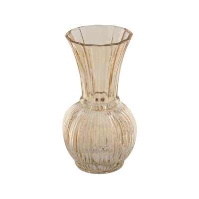 D5X9.6"H Amber Glass Accent Vase With Ribbed Texture And Flared Neck