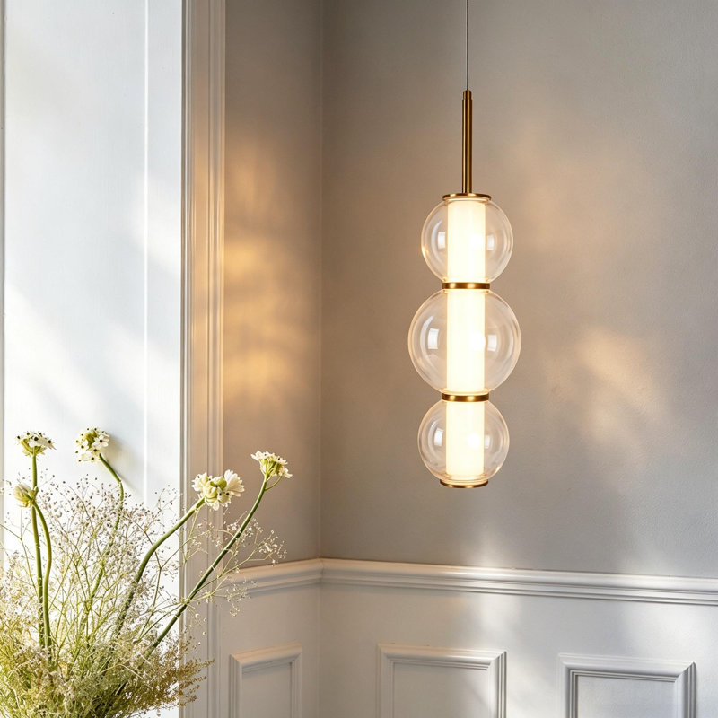 Luminaire suspendu sphérique moderne en verre transparent à 3 niveaux avec finition laiton et télécommande 