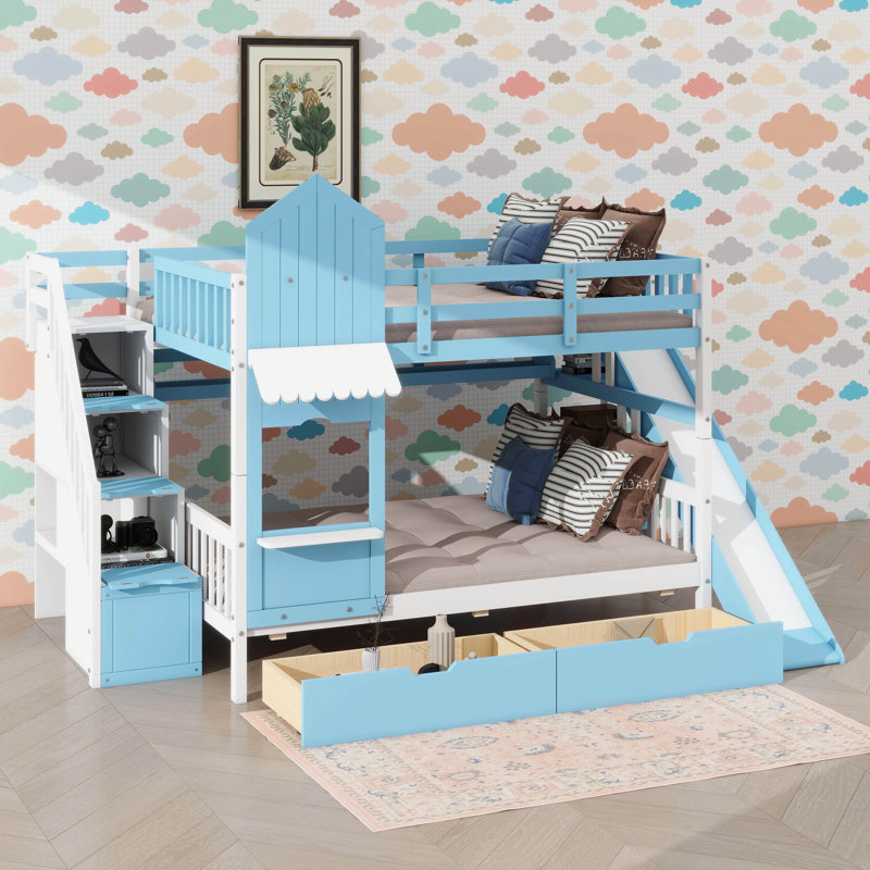 Lit superposé Castle Design avec 2 tiroirs, 3 tablettes et glissade, Bleu, Double sur double