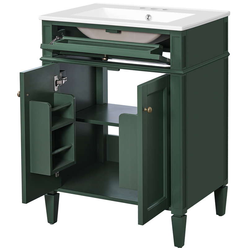 Meuble-lavabo de salle de bain 24 po avec 2 portes et tiroir, organisateurs de rangement intelligents, glissières de tiroir coulissantes, tablette réglable, charnières à fermeture en douceur, caractéristiques réfléchies de 24 po, pieds en bois massif, lavabo en céramique,