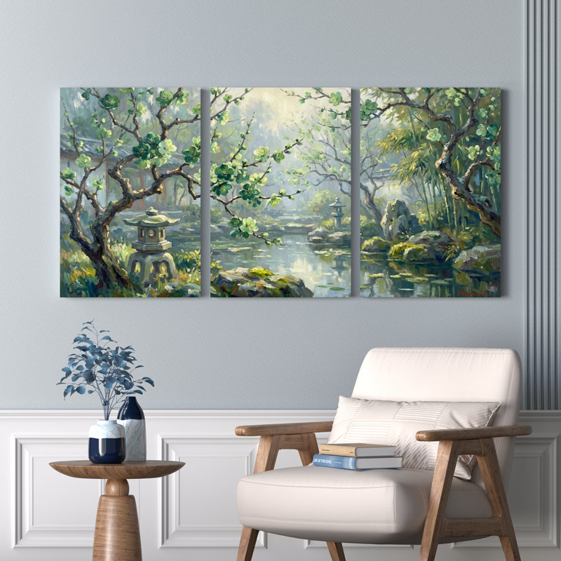 Ensemble de 3 tableaux muraux sur toile représentant un paysage de jardin japonais, H 24 po x l 48 po