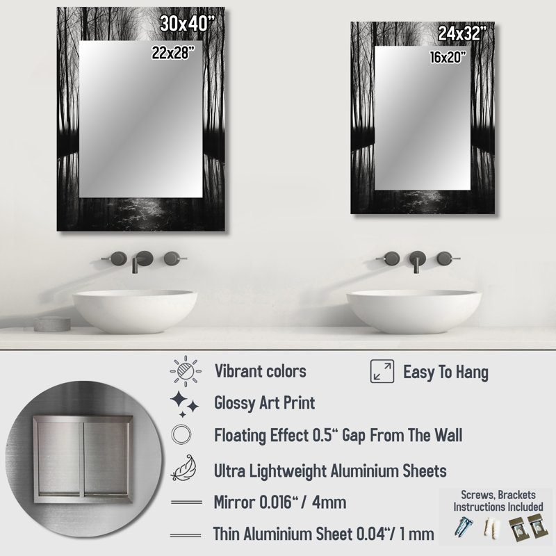 Photographie en noir et blanc de la forêt Silence III - forêt, miroir mural unique, art traditionnel imprimé, 40 po x 30 po
