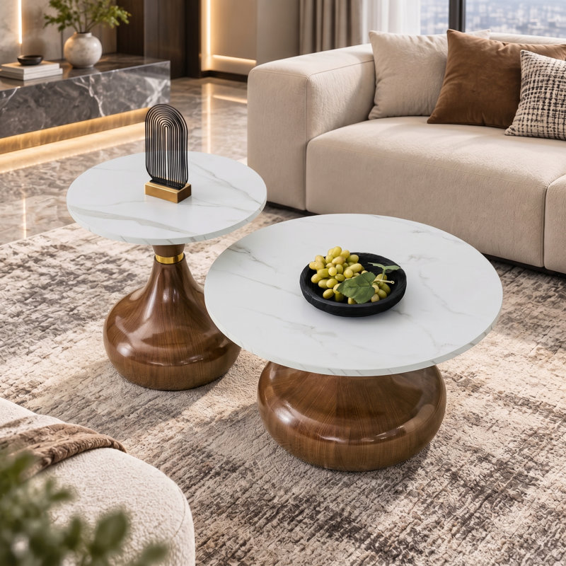 Table basse gigogne ronde moderne, agencement flexible, piètement en forme de gourde, Blanc cassé / Bois