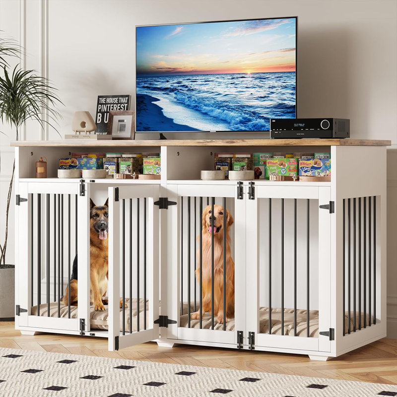Meuble-cage pour chien, Blanc / Brun, H 35,03 po x l 63 po x P 23,62 po