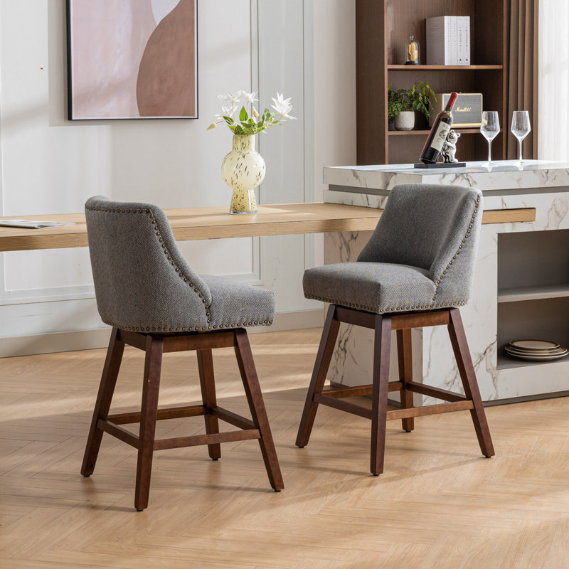 Counter Height Swivel Barstools Set Of 2 With Nails Decoration, Gray