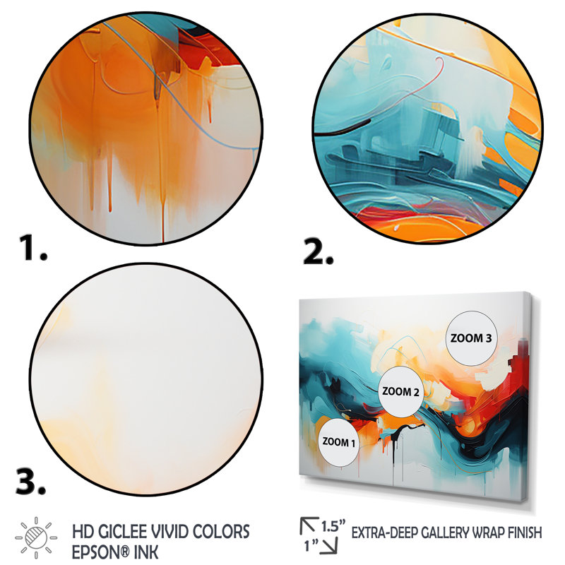 Bleu et orange, vagues abstraites colorées IV - art mural abstrait, Cadre flottant doré, H 24 po x l 32 po x P 1 po