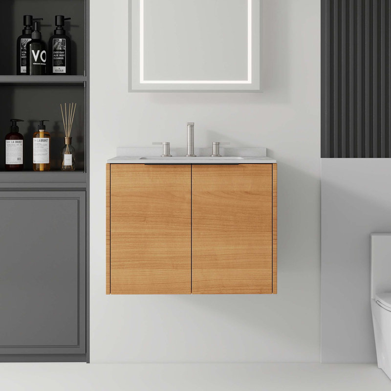Meuble-lavabo suspendu avec comptoir et lavabo en marbre reconstitué, Chêne