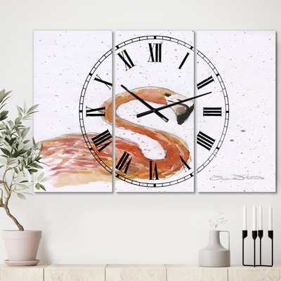 Très grande horloge murale 3 panneaux flamant rose peint à la main