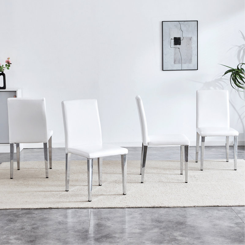 Set Of 4 White PU Leather Backrest Chairs With Silver Metal Legs - The Perfect Combination, Suitable For Minimalist And Modern Home Styles