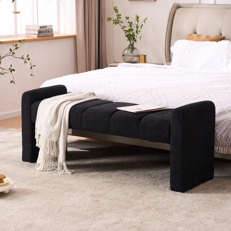 Laytona 54" Boucle Upholstered Bench with Arm and Channel Tufted, Black