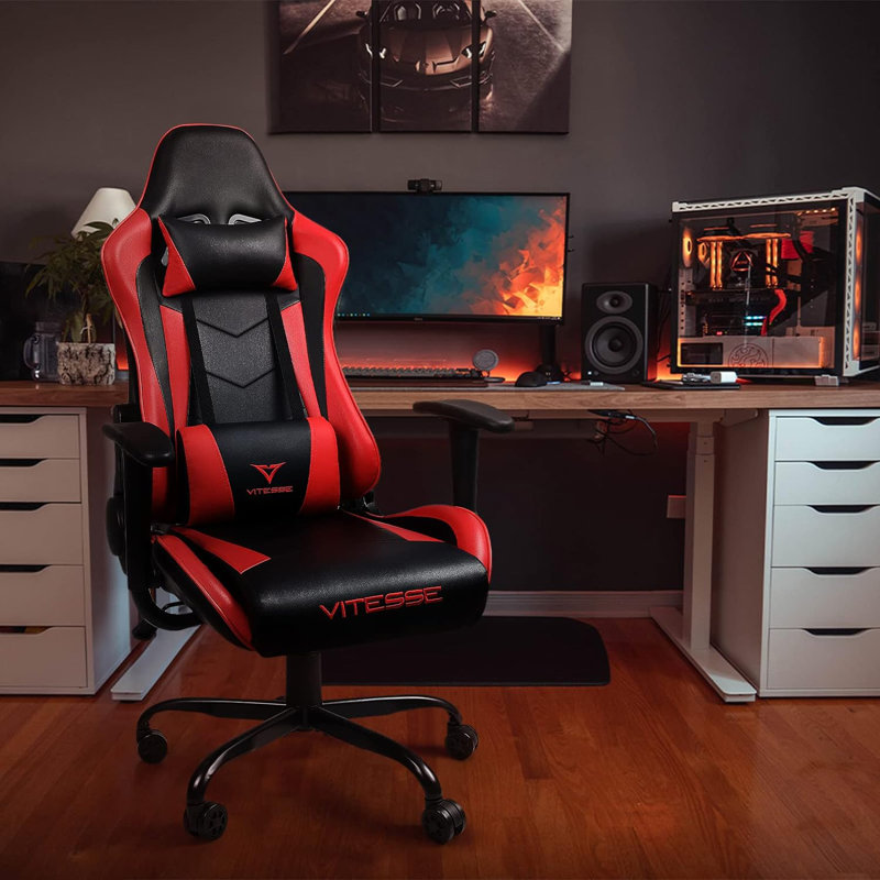 Fauteuil de jeu ergonomique pour ordinateur avec support et appui-tête de 330 lb, Rouge, H 49,7 po x l 22,2 po x P 21 po