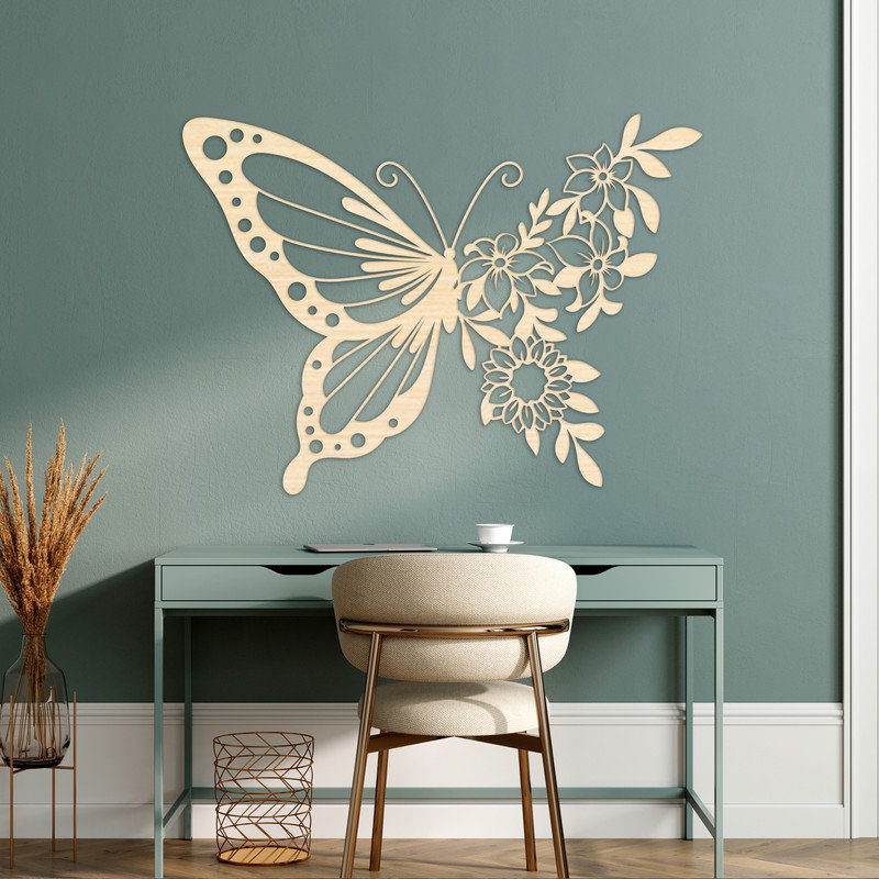 Art mural en forme de papillon avec fleurs - ACM, H 23,5 po x l 32 po x P 0,25 po, Argent