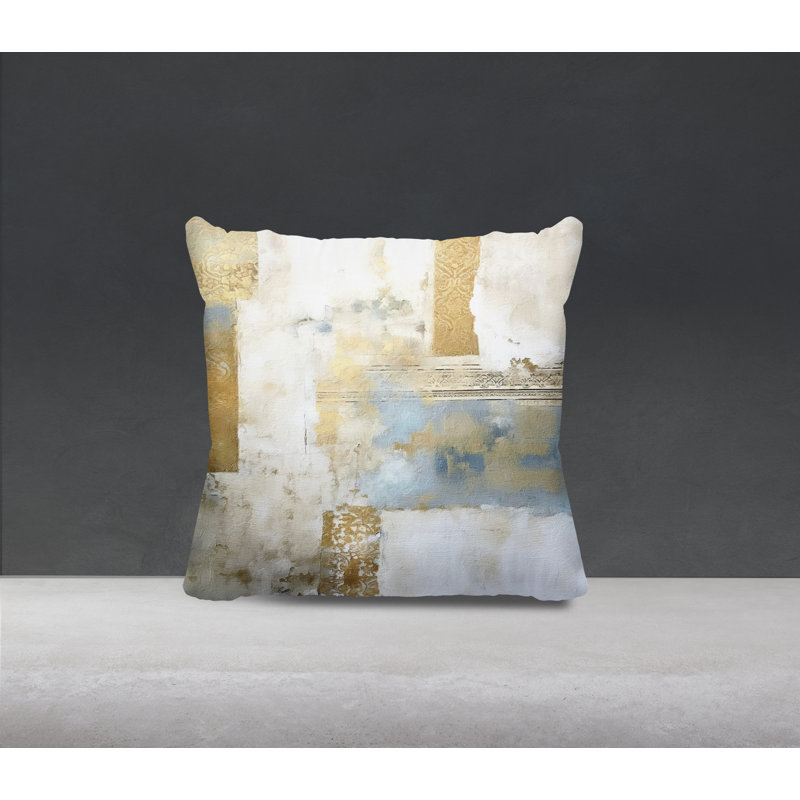 Coussin décoratif intérieur / extérieur en polyester filé abstrait Markle, Bleu/doré, H 17 po x l 17 po