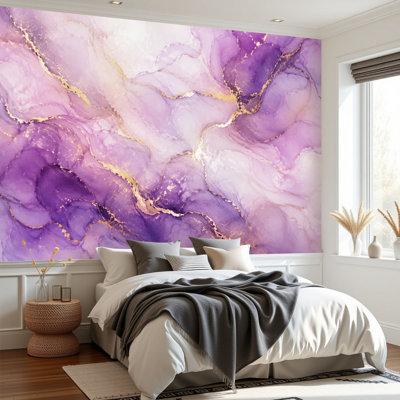 Papier peint adhésif mural Vagues mauves roses Fond doré Effet marbré Encre d'artwork Abstrait auto-adhésif amovible Papier contact mural pour le salon Chambre à coucher H 69 po x l 96 po