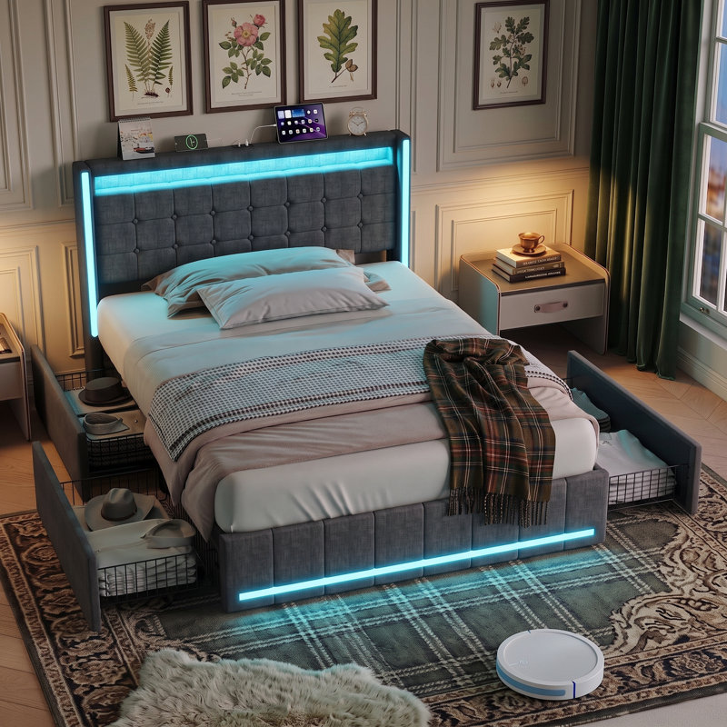 Platform Bed With Drawers Bed, 150*200cm, Grey