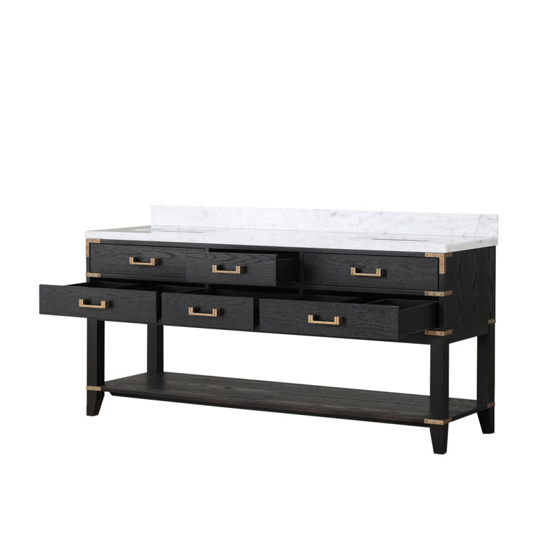 Meuble-lavabo double en chêne noir 72 po X P 22 po D, avec plateau en marbre de Carrare, Marbre de Carrare