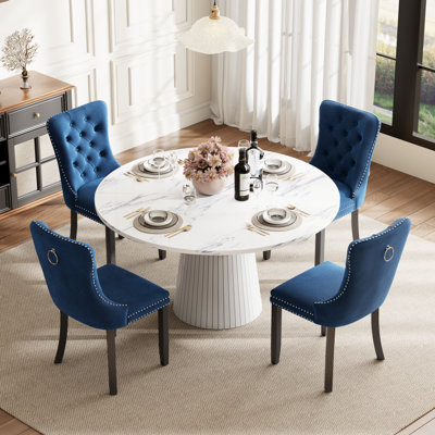 Round Dining Table Set with 4 Upholstered Tufted Chairs, Mid‑Century Dining Room Table Set for Kitchen Breakfast Nook